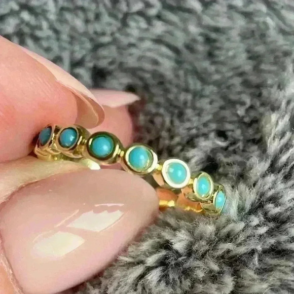 Adornia 14K Gold Plated Imitation Turquoise Cabochon Eternity Ring Sz 8 NWT - Picture 3 of 4